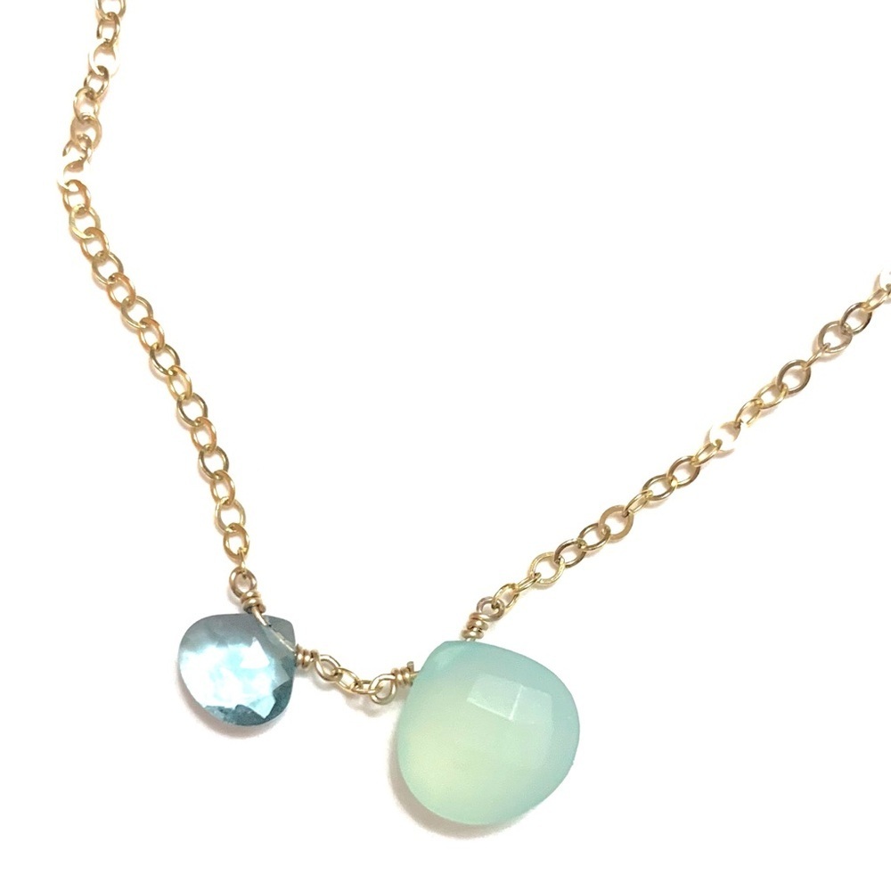 FINE JEWELRY 14K Gold Filled Chain with Blue Topez/ Chalcedony Double Gemstone - Picture 1 of 4